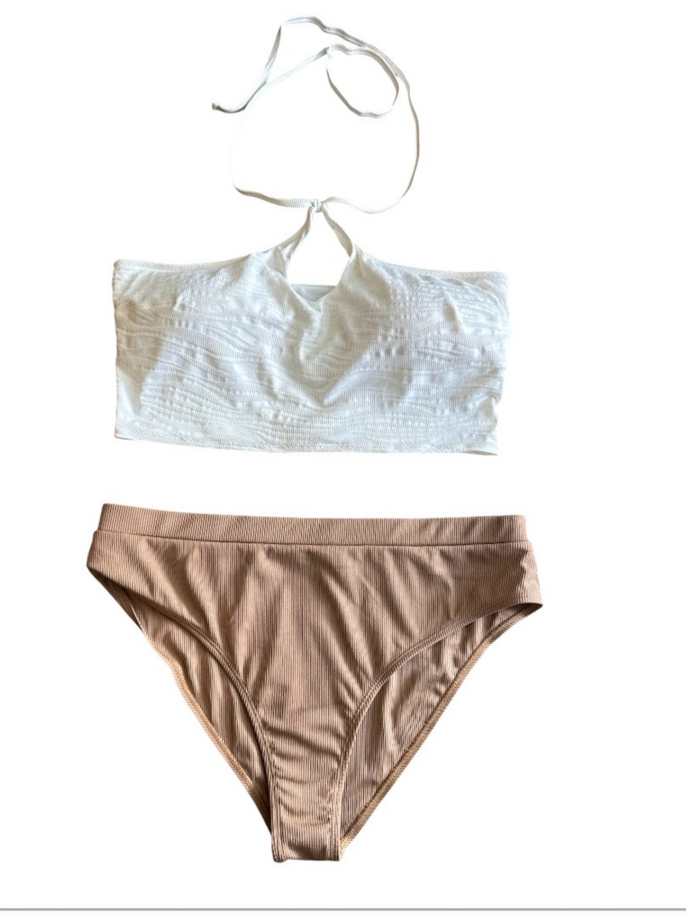 aerie White Halter Bandeau Top with Beige Ribbed Bikini Bottoms